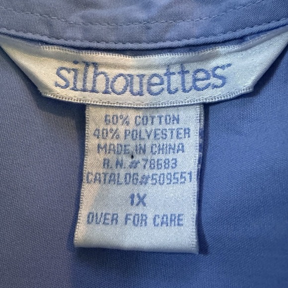 Silhouettes 1X Top Shirt Blue Solid Button Up Long Sleeve Collared Cotton Womens - Picture 7 of 7